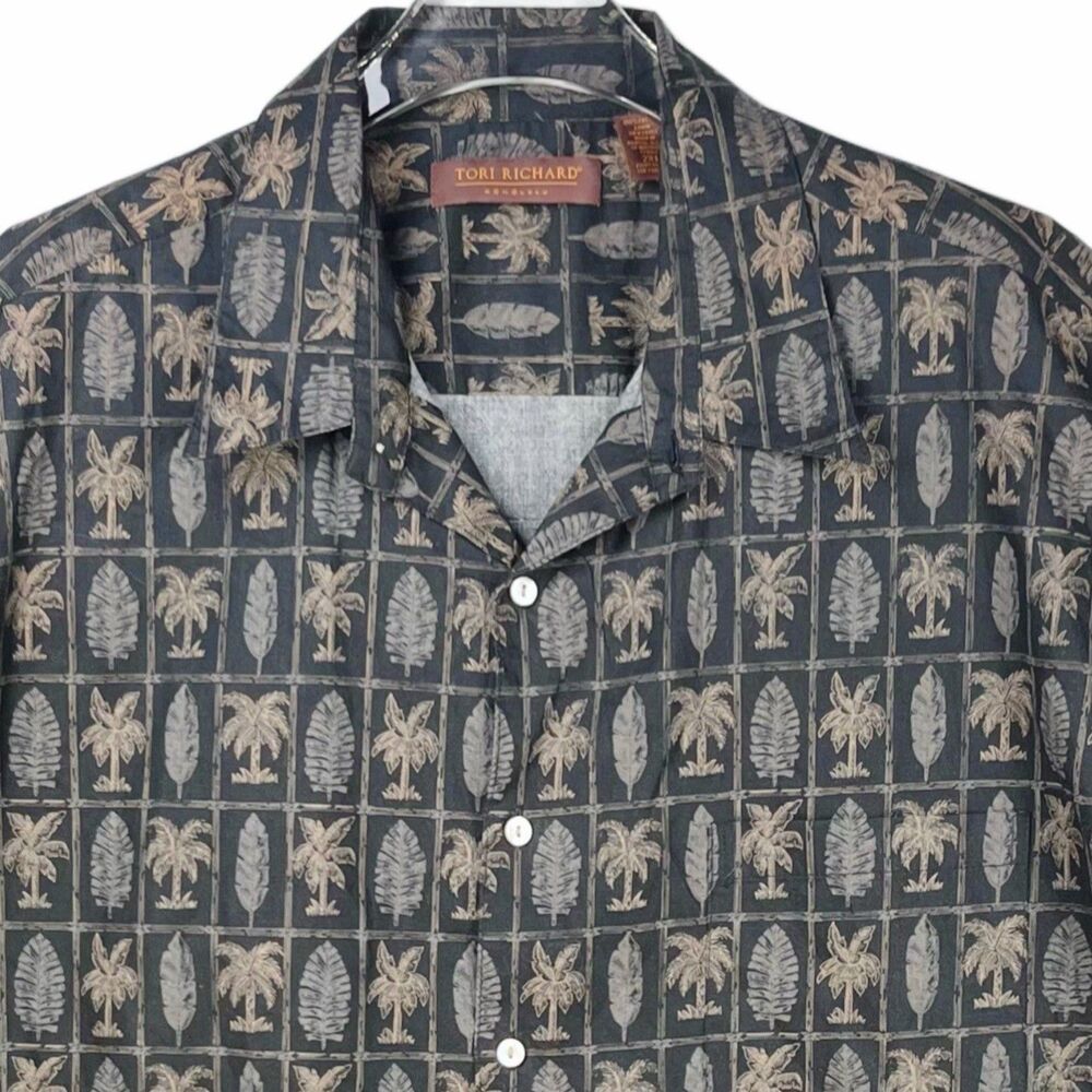 Tori Richard Mens Shirt 2XL Hawaiian Black/Tan Palm Trees 100% Cotton Lawn